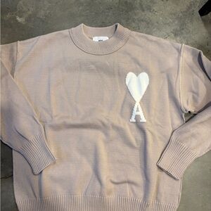 Ami Light Beige Crewneck Sweater with Heart Logo